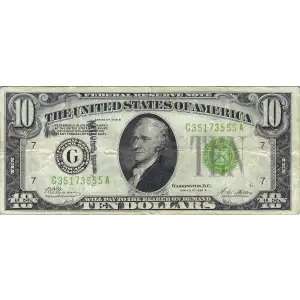 $10 1928-B. Exists with both light and dark Green seals Small Size $10 Federal Reserve Notes 2002-G