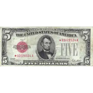 $5 1928 red seal. Small Legal Tender Notes 1525*