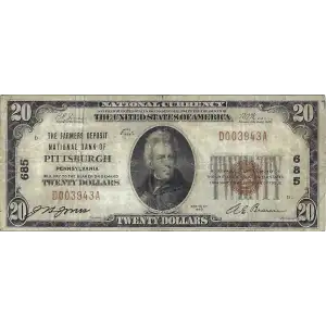 $20 1929 small brown seal. Small National Bank Notes 1802-1