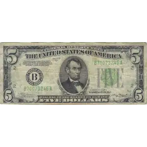 $5 1934 blue-Green seal. Small Size $5 Federal Reserve Notes 1956-C