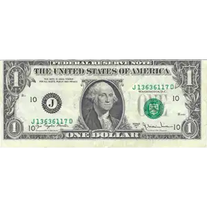 $1 1977-A. Green seal. Small Size $1 Federal Reserve Notes 1910-J