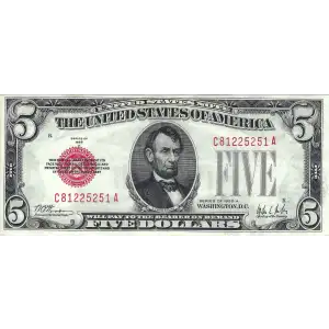 $5 1928-A red seal. Small Legal Tender Notes 1526