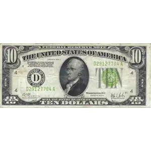 $10 1928-C. Exists with both light and dark Green seals Small Size $10 Federal Reserve Notes 2003-D