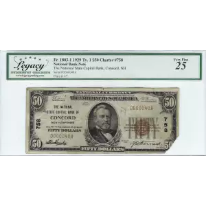 $50 1929 small brown seal. Small National Bank Notes 1803-1
