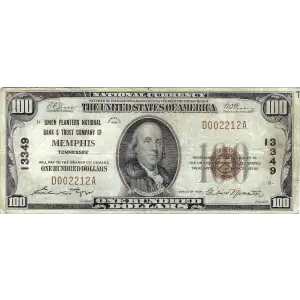 $100 1929 small brown seal. Small National Bank Notes 1804-1