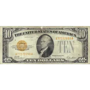 $10 1928-A gold seal. Small Size Gold Certificates 2401