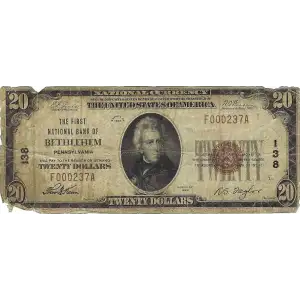 $20 1929 small brown seal. Small National Bank Notes 1802-1