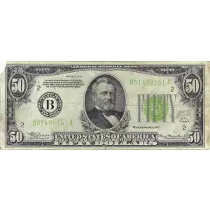$50 1934 light Green seal. Small Size $50 Federal Reserve Notes 2102-B