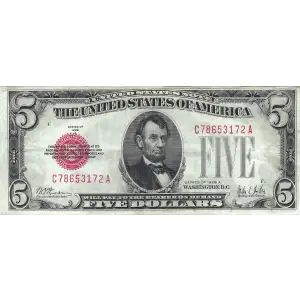 $5 1928-A red seal. Small Legal Tender Notes 1526