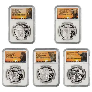 2014-2018 2014-2018 Tanzania 1-oz Silver Serengeti Big 5 Complete 5-pc Set NGC PF-70 Ultra Cameo, High Relief (2)