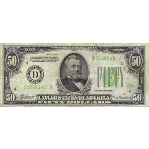 $50 1934 light Green seal. Small Size $50 Federal Reserve Notes 2102-D