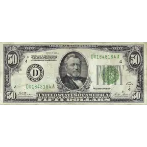 $50 1928-A.  Small Size $50 Federal Reserve Notes 2101-D