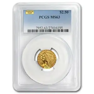 $2.50 Gold Indian Head Quarter Eagle PCGS MS63 (Year Varies)
