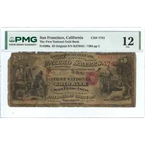 $5 Original Red with rays, red serial no., with bank character no. First Charter Period 399a