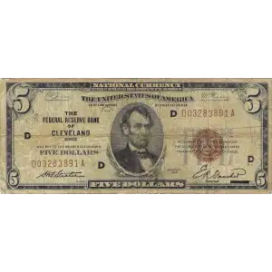 $5 1929 brown seal Small Federal Reserve Bank Notes 1850-D