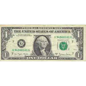 $1 1977-A. Green seal. Small Size $1 Federal Reserve Notes 1910-G