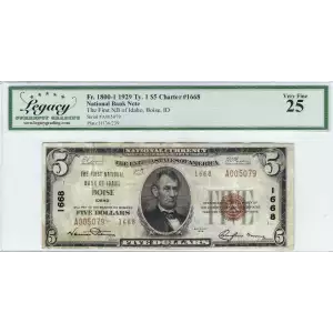 $5 1929 small brown seal. Small National Bank Notes 1800-2