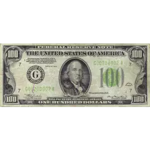 $100 1934 light Green seal. Small Size $100 Federal Reserve Notes 2152-G