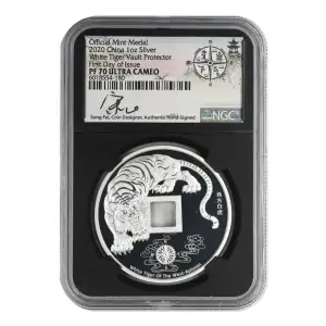 2020 Chinese Official Mint Medal 1 oz Silver NGC PF-70 White Tiger Vault Protector, First day of Issue, Ultra Cameo