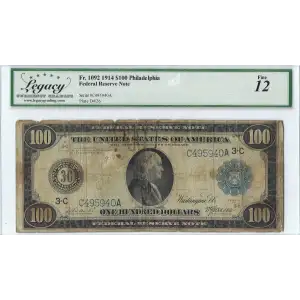 $100 1914 Blue Seal Federal Reserve Notes 1092