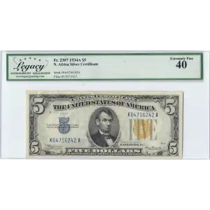 $5 1934-A yellow seal Emergency Notes Issued During WW2 2307