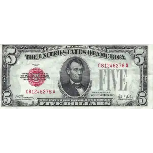$5 1928-A red seal. Small Legal Tender Notes 1526