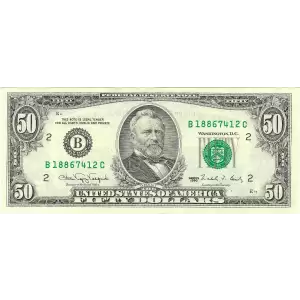 $50 1990 blue-Green seal. Small Size $50 Federal Reserve Notes 2124-B