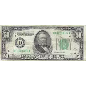 $50 1934 light Green seal. Small Size $50 Federal Reserve Notes 2102-C
