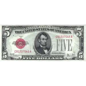 $5 1928-A red seal. Small Legal Tender Notes 1526