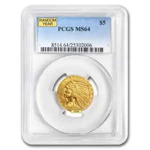 $5 Gold Indian Head Half Eagle PCGS MS64 (Year Varies)