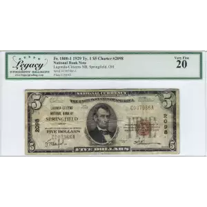 $5 1929 Small brown seal Small National Bank Notes 1800-1