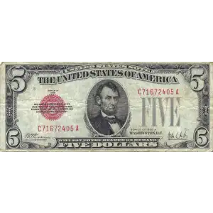 $5 1928-A red seal. Small Legal Tender Notes 1526