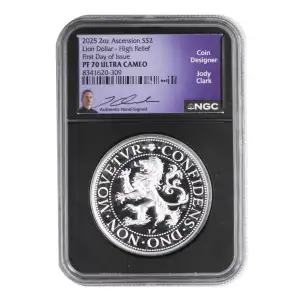 2025 Lion Dollar NGC PF-70 High Relief, First day of Issue, Ultra Cameo, 2 oz Silver