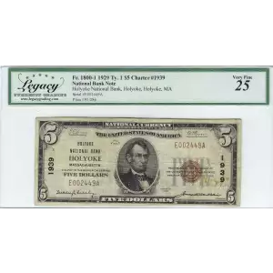 $5 1929 Small brown seal Small National Bank Notes 1800-1