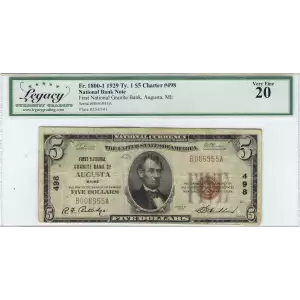 $5 1929 Small brown seal Small National Bank Notes 1800-1