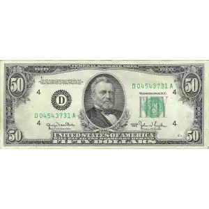 $50 1950 blue-Green seal. Small Size $50 Federal Reserve Notes 2107-D