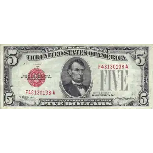 $5 1928-C red seal. Small Legal Tender Notes 1528