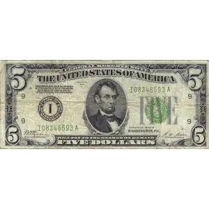 $5 1928 Green seal Small Size $5 Federal Reserve Notes 1950-B