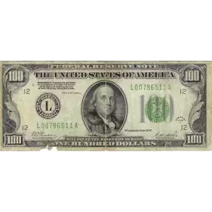 $100 1928-A.  Small Size $100 Federal Reserve Notes 2151-L
