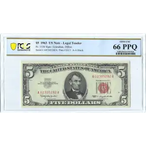 $5 1963 red seal. Small Legal Tender Notes 1536