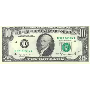 $10 1977-A. Treasury seal. Small Size $10 Federal Reserve Notes 2024-D