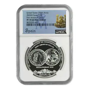 2025 Spain Milled & Flowing Hair Dollar 250th Anniv .925 Silver NGV PF70