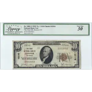 $10 1929 small brown seal. Small National Bank Notes 1801-1