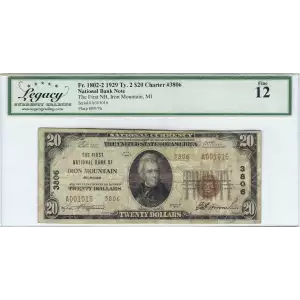 $20 1929 small brown seal. Small National Bank Notes 1802-2