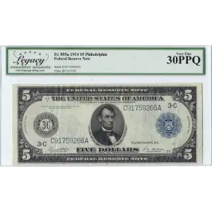 $5 1914 Blue Seal Federal Reserve Notes 855A