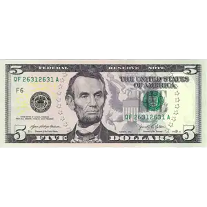 $5 2021 Small Size $5 Federal Reserve Notes 1999-F