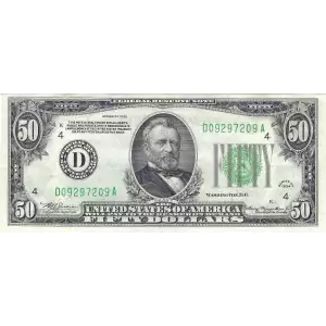 $50 1934 light Green seal. Small Size $50 Federal Reserve Notes 2102-D