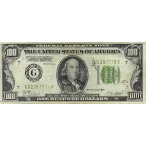 $100 1928-A.  Small Size $100 Federal Reserve Notes 2151-G