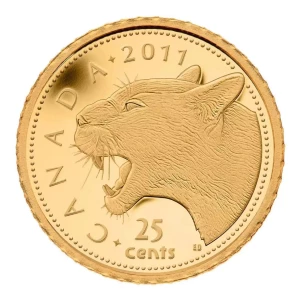 This 2011 25 cent proof quality fine gold coin depicts the profile of a cougar. Mintage is 15,000 coins.

﻿The Cougar:

Averaging 64 kg (140 lbs) in weight and up to 3 m (from 5 to 9 feet) in length, the cougar is noted for its lithe musculature, long hin