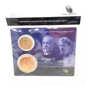 ]U.S. Mint Presidential $1 Coin and Spouse Medal Set: Benjamin & Caroline Harrison